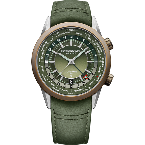 Raymond Weil Freelancer Men's GMT Worldtimer Green Leather Automatic