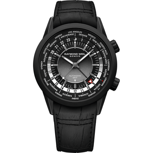 Raymond Weil Freelancer Men's GMT Worldtimer Black Leather Automatic